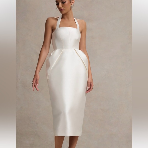 Club L London COSETTA
WHITE HALTER-NECK MIDI DRESS WITH TULIP SKIRT - Picture 7 of 10